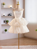 White Tulle Sweetheart Short Prom Dress, White Tulle Straps Party Dress HZ1024