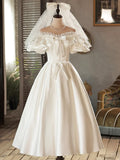 White Satin Lace Short Prom Dress, White Evening Dress, Wedding Dress HZ1024