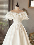 White Satin Lace Short Prom Dress, White Evening Dress, Wedding Dress HZ1024