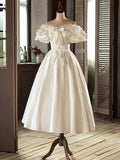 White Satin Lace Short Prom Dress, White Evening Dress, Wedding Dress HZ1024