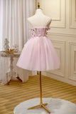 Pink Tulle Short Prom Dress, Pink A-Line Strapless Homecoming Dress HZ1024