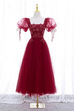 Burgundy Short Sleeve Tulle Tea Length Prom Dress, A-Line Party Dress HZ1024