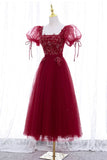 Burgundy Short Sleeve Tulle Tea Length Prom Dress, A-Line Party Dress HZ1024