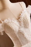 A-Line Spaghetti Strap Lace Beaded Party Dress, Light Champagne Floor Length Formal Evening Dress HZ1024