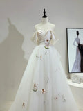 Beautiful Tulle Lace Long Prom Dress, Off the Shoulder Evening Party Dress HZ1024