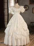 White V-Neck Satin Long Prom Dress, Lace Wedding Dress HZ1024
