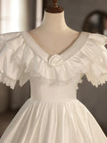 White V-Neck Satin Long Prom Dress, Lace Wedding Dress HZ1024