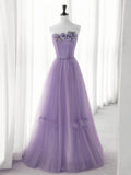 Cute Purple Tulle A-line Long Prom Dress with Flowers, Purple Tulle Party Dress HZ1024