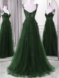 Green A-line Tulle with Lace Straps Floor Length Party Dress, Green Tulle Prom Dress HZ1024