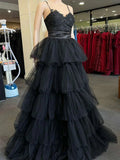 A-line Black Layers Tulle with Lace Straps Party Dress, Black Tulle Prom Dress HZ1024