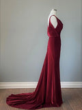 Wine Red Velvet Backless Straps Prom Dress, Wine Red Velvet Party Dress HZ1024