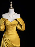 Gold Satin Off Shoulder A-line Party Dress Prom Dress, Gold Satin Party Dress HZ1024