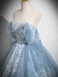 Light Blue A-line Lace and Tulle Long Party Dress, Blue Round Neckline Prom Dress HZ1024