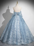 Light Blue A-line Lace and Tulle Long Party Dress, Blue Round Neckline Prom Dress HZ1024