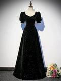 Black A-line Velvet Long Prom Dress Party Dress, Black Short Sleeves Prom Dress HZ1024