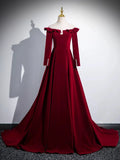 A-line Wine Red Velvet Long Sleeves Low Back Prom Dress, Wine Red Party Dress HZ1024