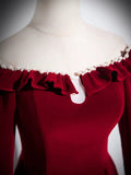 A-line Wine Red Velvet Long Sleeves Low Back Prom Dress, Wine Red Party Dress HZ1024