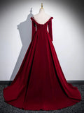 A-line Wine Red Velvet Long Sleeves Low Back Prom Dress, Wine Red Party Dress HZ1024