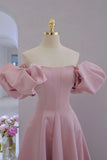 Pink Satin A-line Floor Length Party Dress, Pink Satin Short Sleeves Prom Dress HZ1024