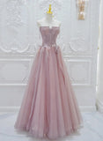 Pink Tulle with Lace A-line Prom Dress, Pink Tulle Party Dress HZ1024