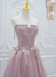 Pink Tulle with Lace A-line Prom Dress, Pink Tulle Party Dress HZ1024