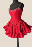 Vintage Red Beading Bow Ruffled Hem Design Strapless Homecoming Dress HZ1024