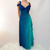 Vintage Shiny Gradient Blue-green Sheath Chiffon Unique Shoulder Strap Design Long Prom Dress Evening Dress HZ1024