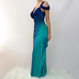 Vintage Shiny Gradient Blue-green Sheath Chiffon Unique Shoulder Strap Design Long Prom Dress Evening Dress HZ1024