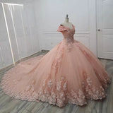 Gorgeous Pink Applique Off-the-shoulder Sweet 16 Quinceanera A-Line Floor-length Prom Dress Birthday Dress Evening Dress Ball Gown HZ1024