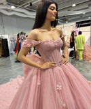 Gorgeous Pink Sweetheart Applique Off-the-shoulder Sweet 16 Quinceanera A-Line Prom Dress Birthday Dress Evening Dress Ball Gown HZ1024