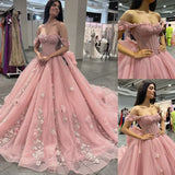 Gorgeous Pink Sweetheart Applique Off-the-shoulder Sweet 16 Quinceanera A-Line Prom Dress Birthday Dress Evening Dress Ball Gown HZ1024