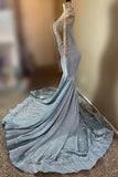 Vintage Sky Blue Mermaid Prom Dress Sparkling Beaded Evening Gown Backless Party Dress Long Formal Dress HZ1024