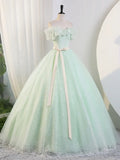 Beautiful Sage Green Tulle Floor Length Prom Dresses, A-Line Off the Shoulder Evening Part Dresses HZ1024