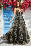 Black Golden Spaghetti Straps Long Prom Dress HZ1024